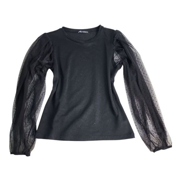 Zara Black Organza Puff Sleeve Elastic Cuff Sz Small Ribbed whimsigoth Going out - Picture 1 of 6